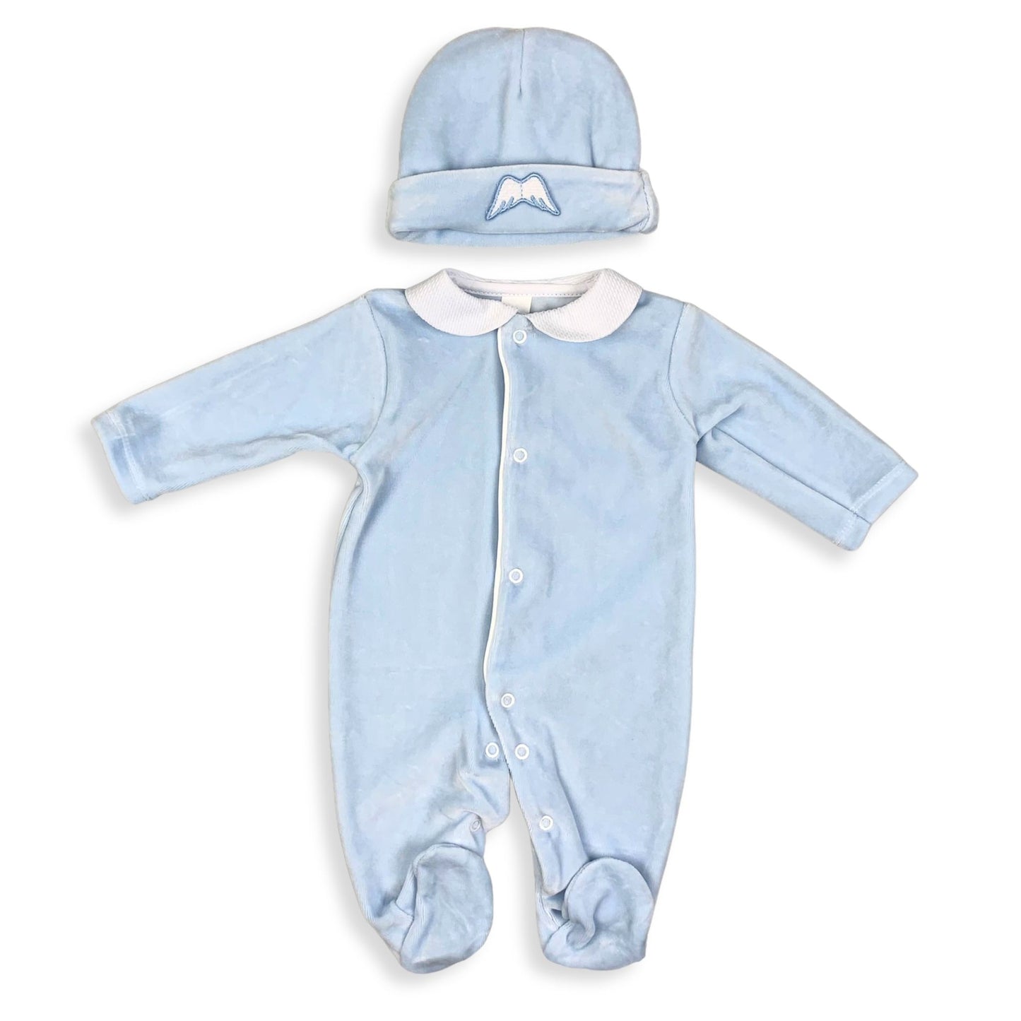 Baby Angel Wings Velour Sleepsuit with Hat - Blue