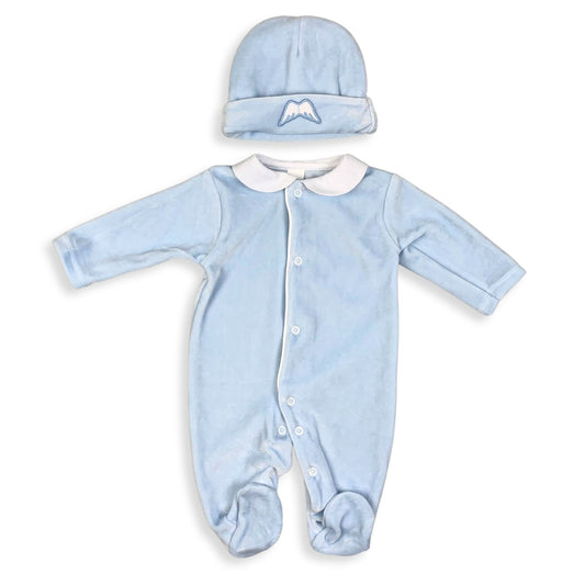 Baby Angel Wings Velour Sleepsuit with Hat - Blue