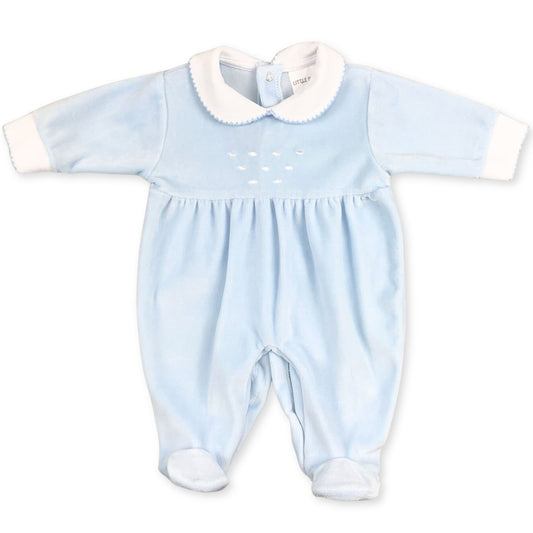 baby boys blue velour sleepsuit little nosh