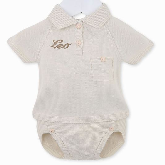 baby boys personalised beige two piece outfit