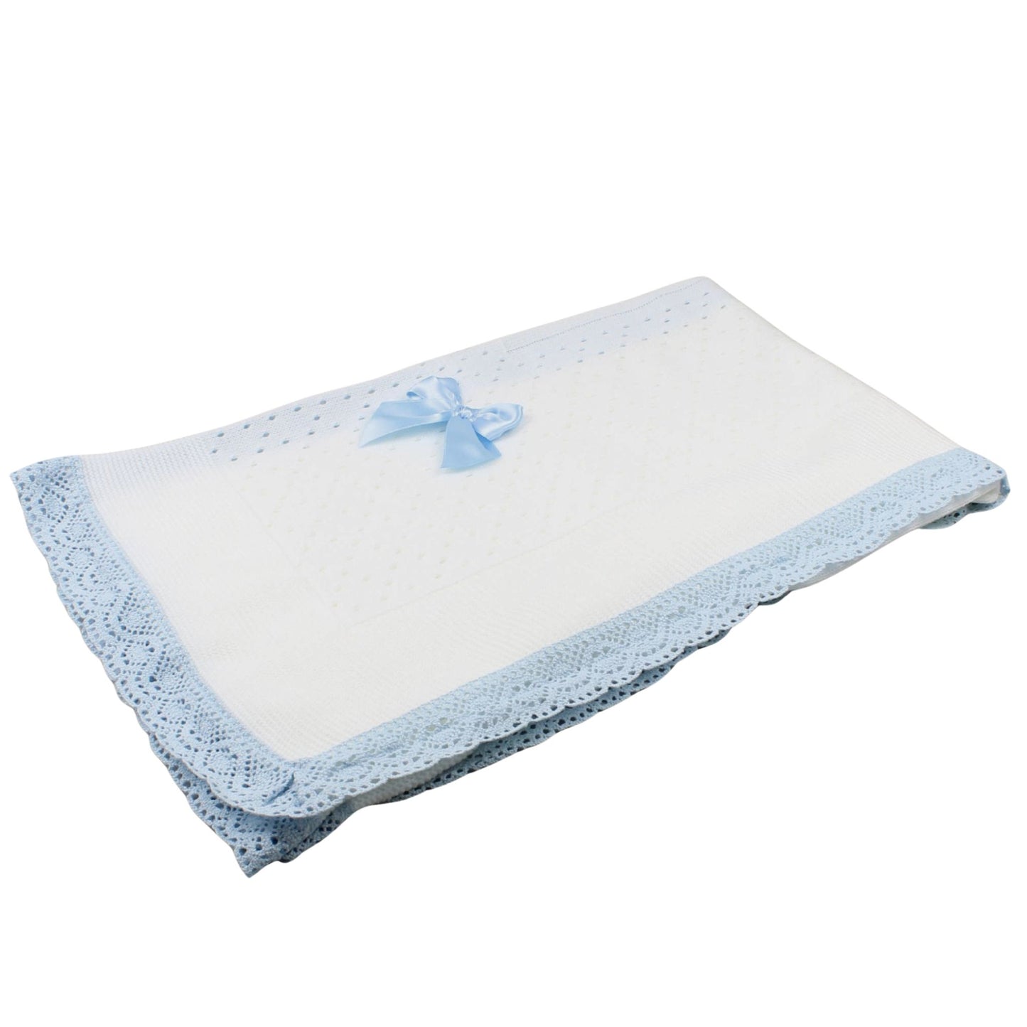 Baby blanket with blue trim and embroidered design on a white background