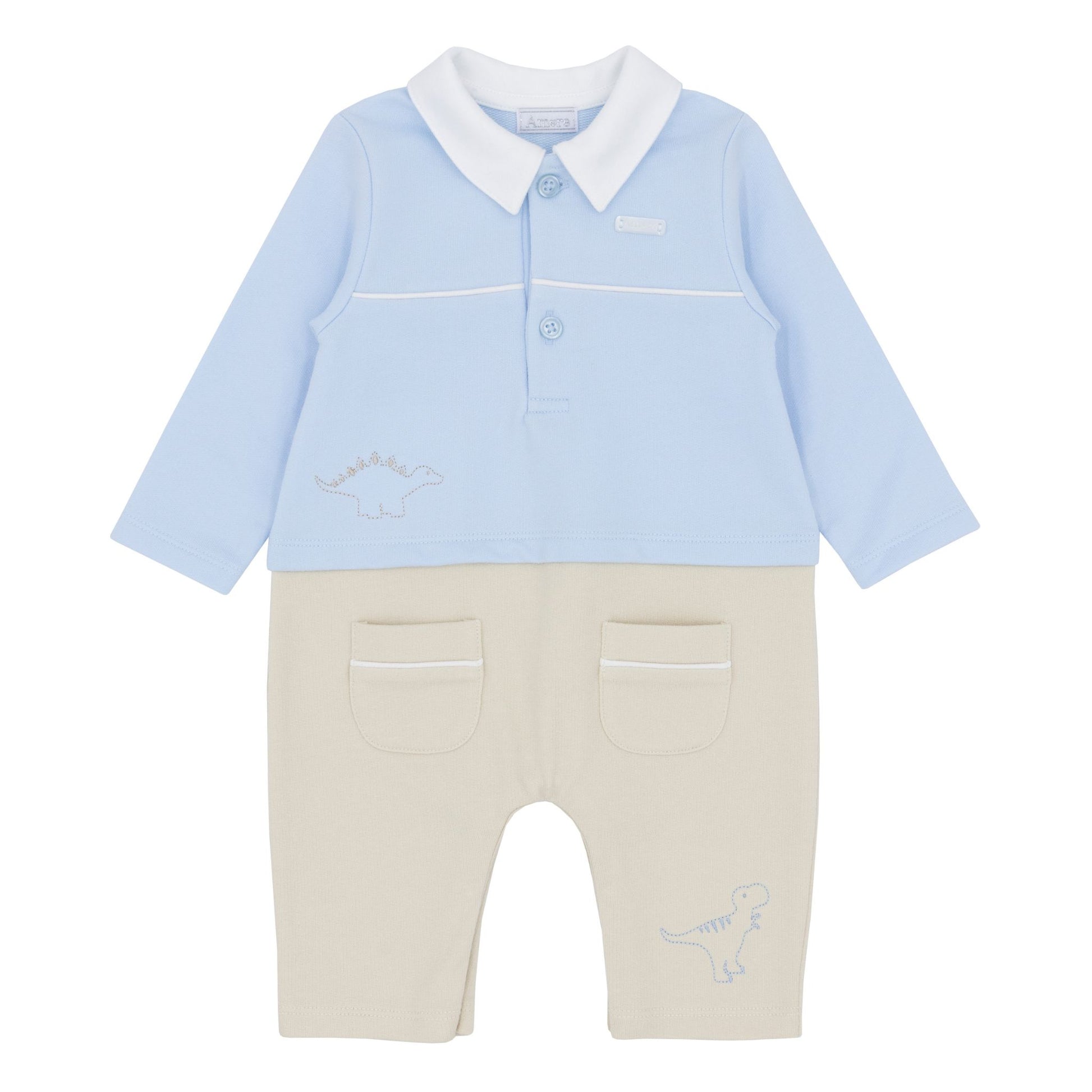 Baby outfit with light blue shirt and beige pants on a white background
