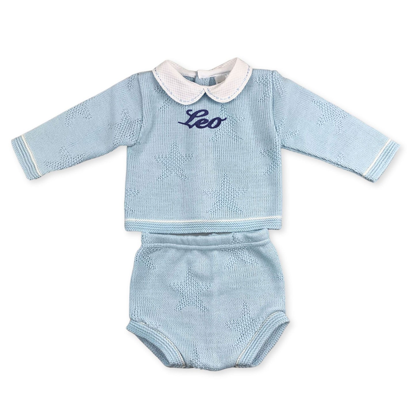 baby boys knitted two piece outfit personalised blue