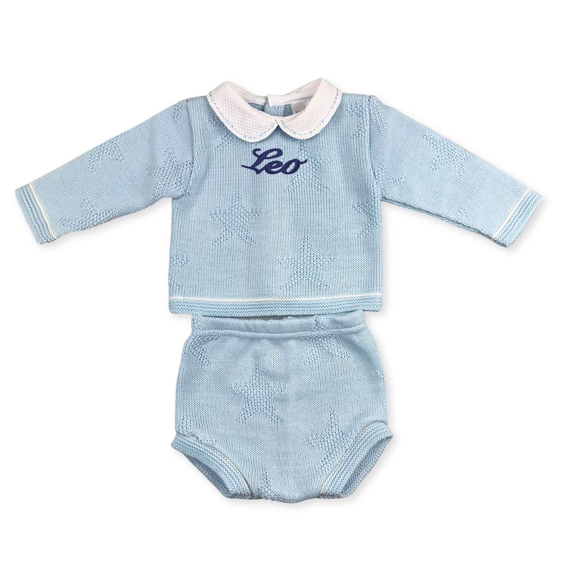 baby boys knitted two piece outfit personalised blue