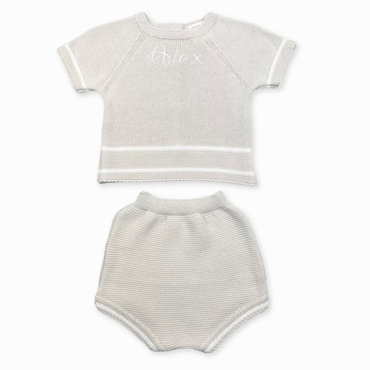 personalised baby boys two pice beige knitted summer outfit