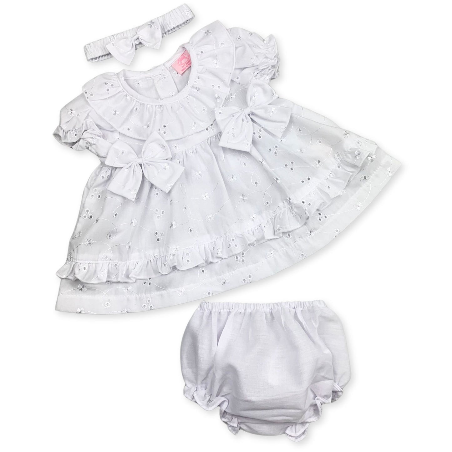 white baby girls three piece dress headband and pants