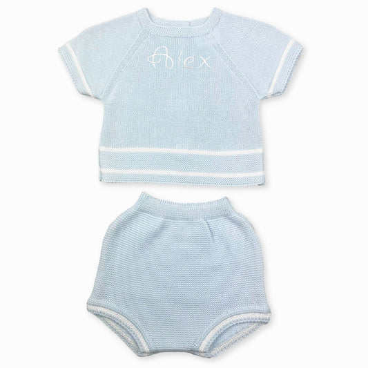baby boys blue and white striped summer two piece personalised knitted outfit
