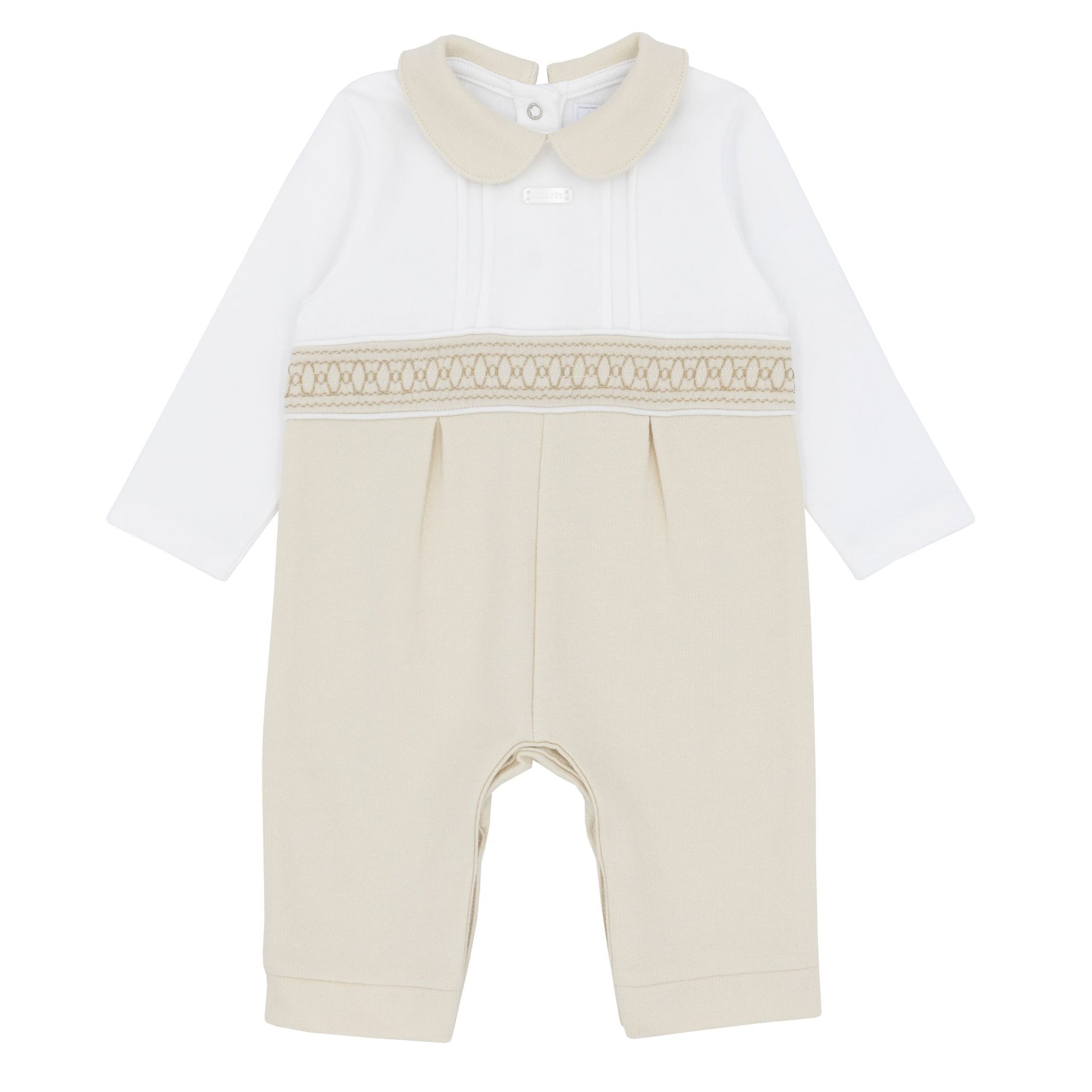 Baby romper with white shirt and beige pants on a white background