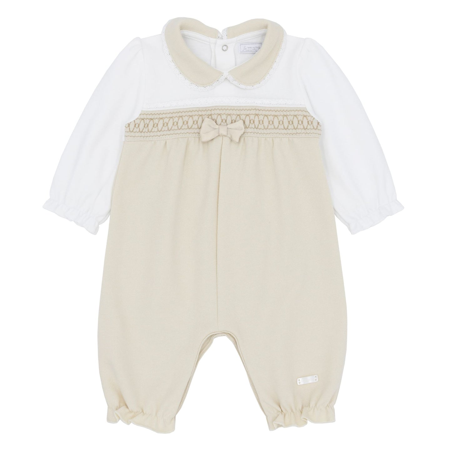 Baby outfit with white long-sleeve top and beige pants on a white background
