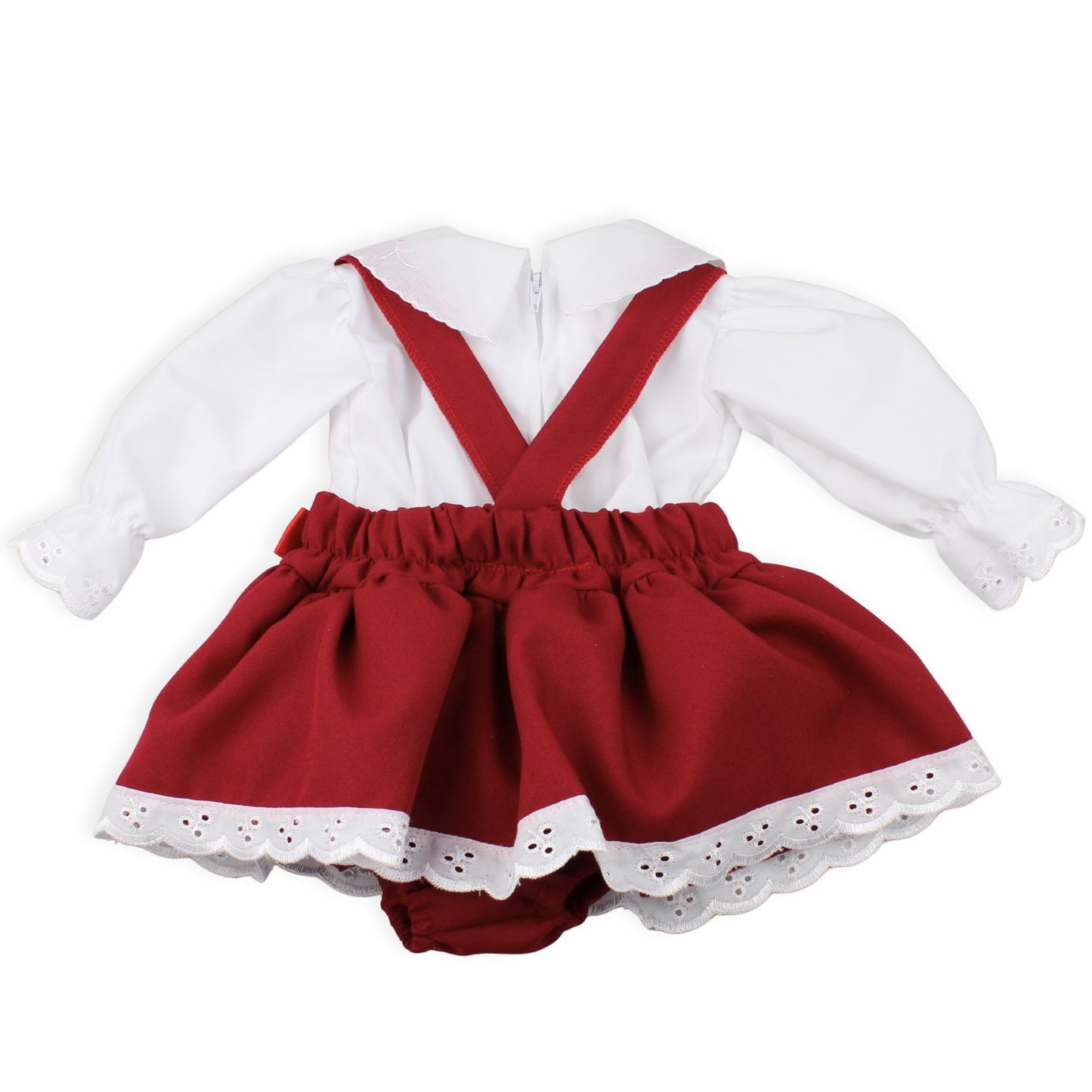 Baby outfit with white long-sleeve top and red skirt with white lace trim on a white background