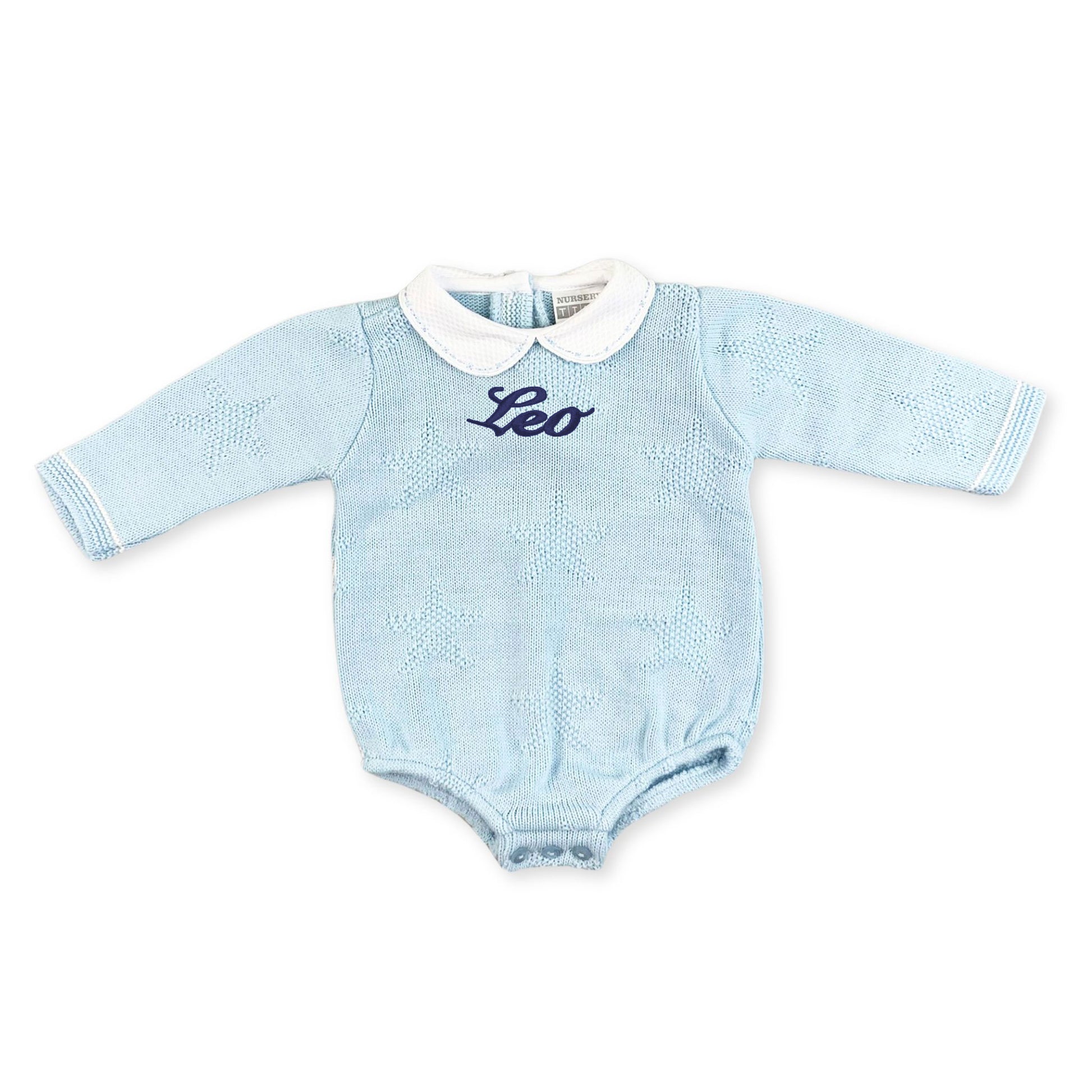 baby boys knitted personalised blue roemper