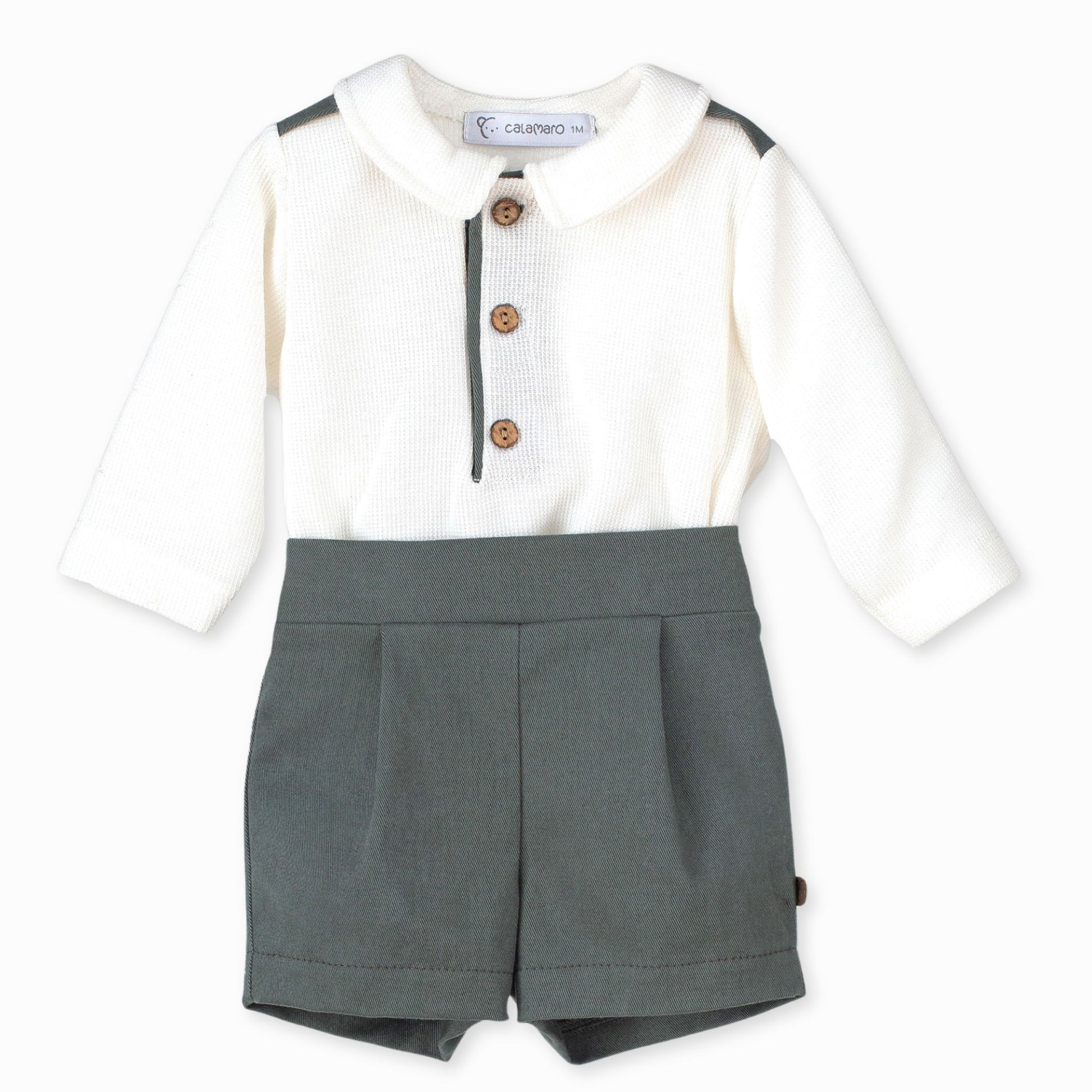 baby boys two piece outfit green shorts and white shirt