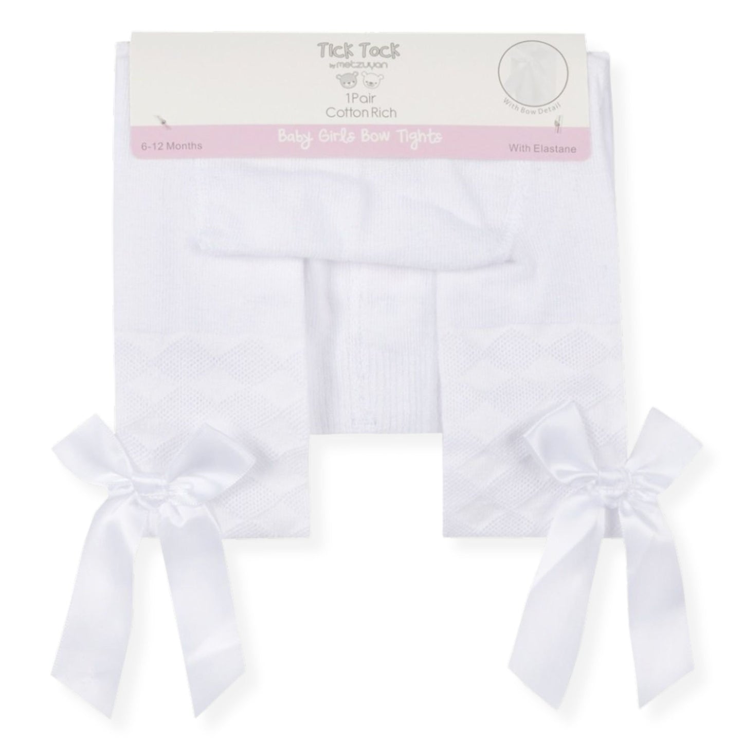 Pair of white baby socks with bows on a white background