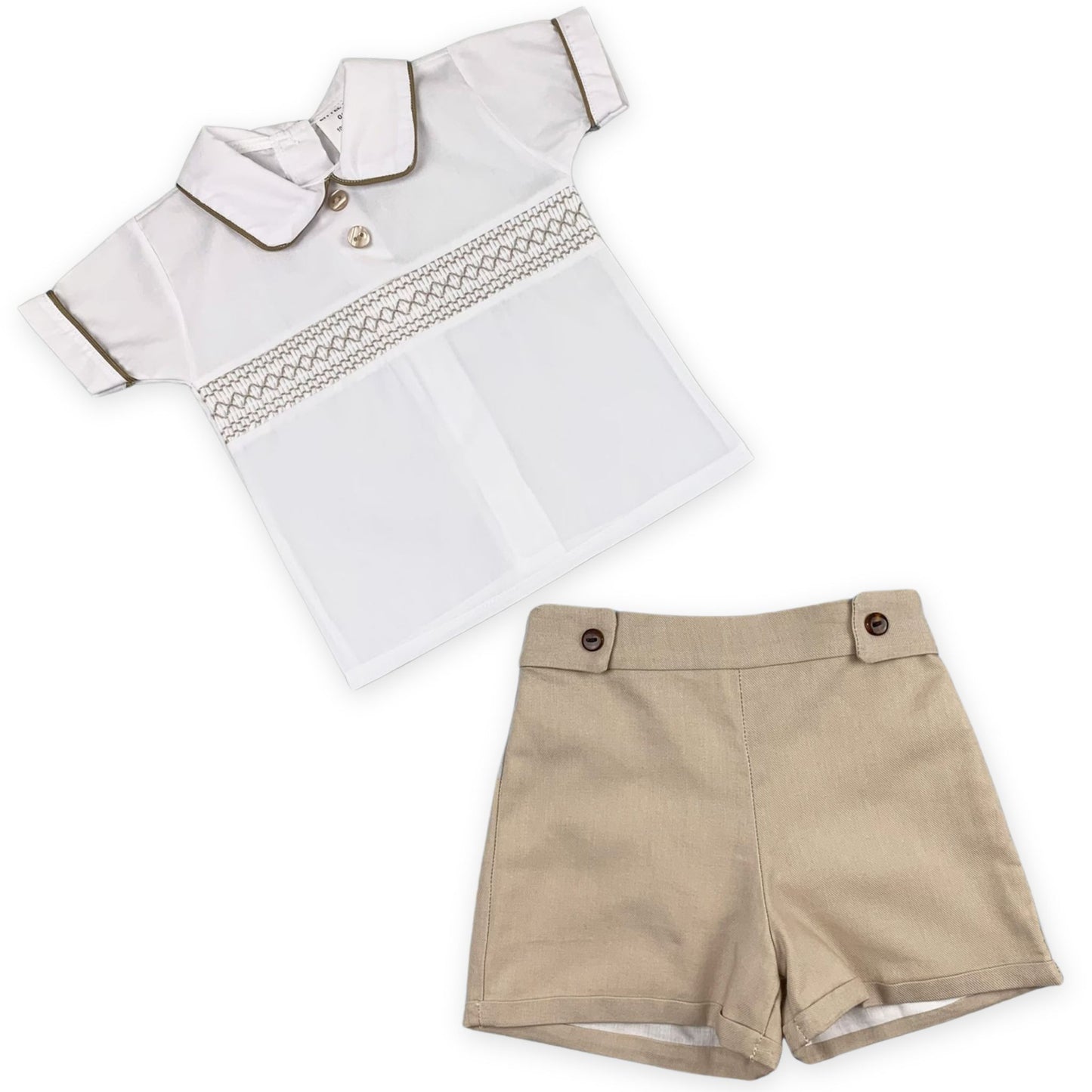 baby boys beige shorts and smocked shirt