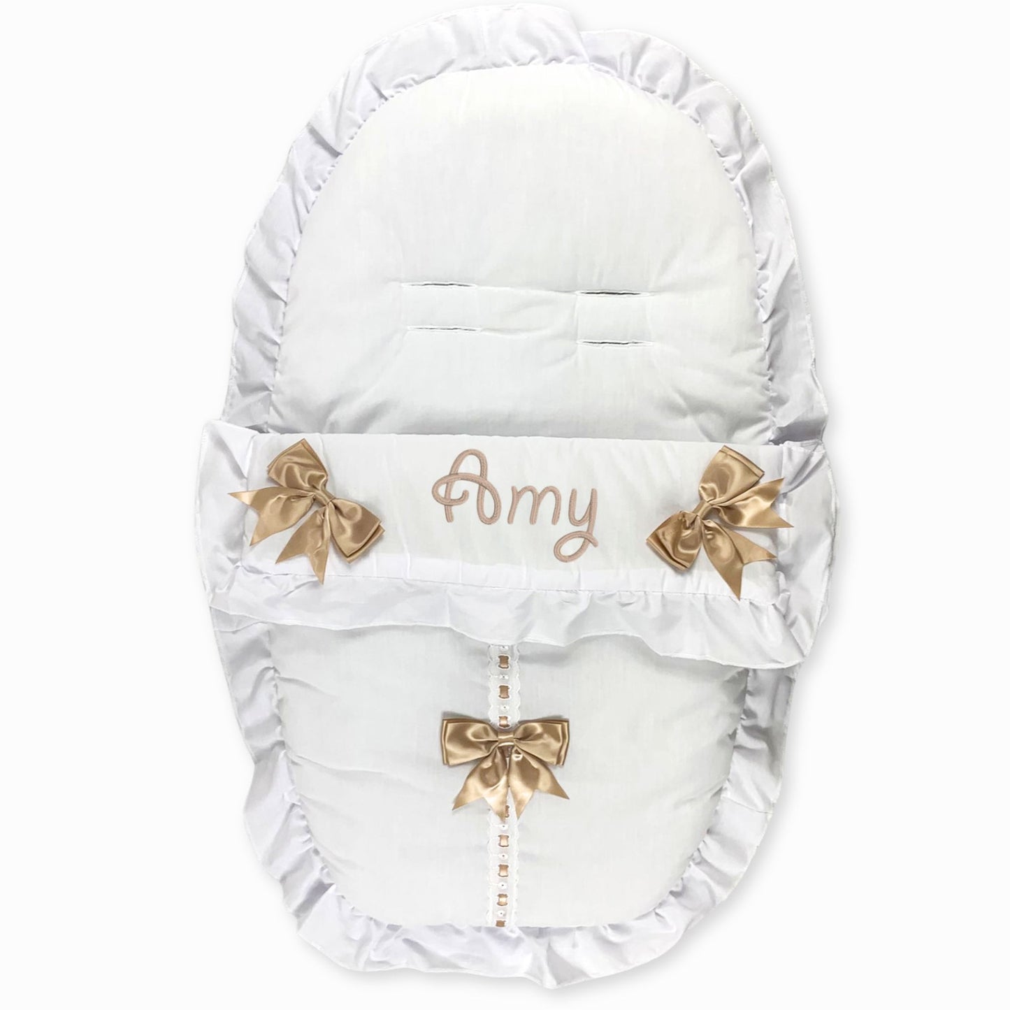 personalised white fotmuff with beige bows