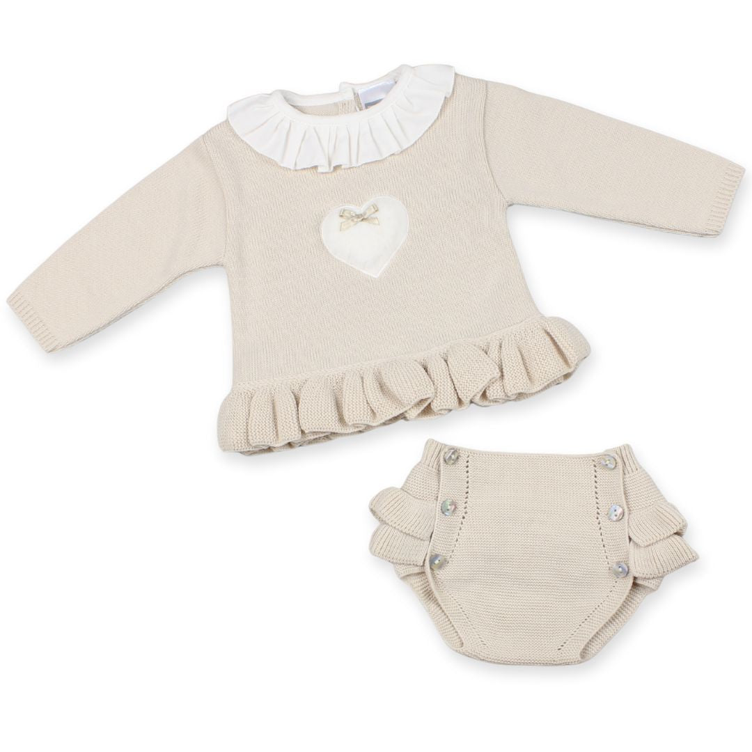 PEX Baby Girls Beige Knitted Romper with Heart Appliqué & Ruffle Trim