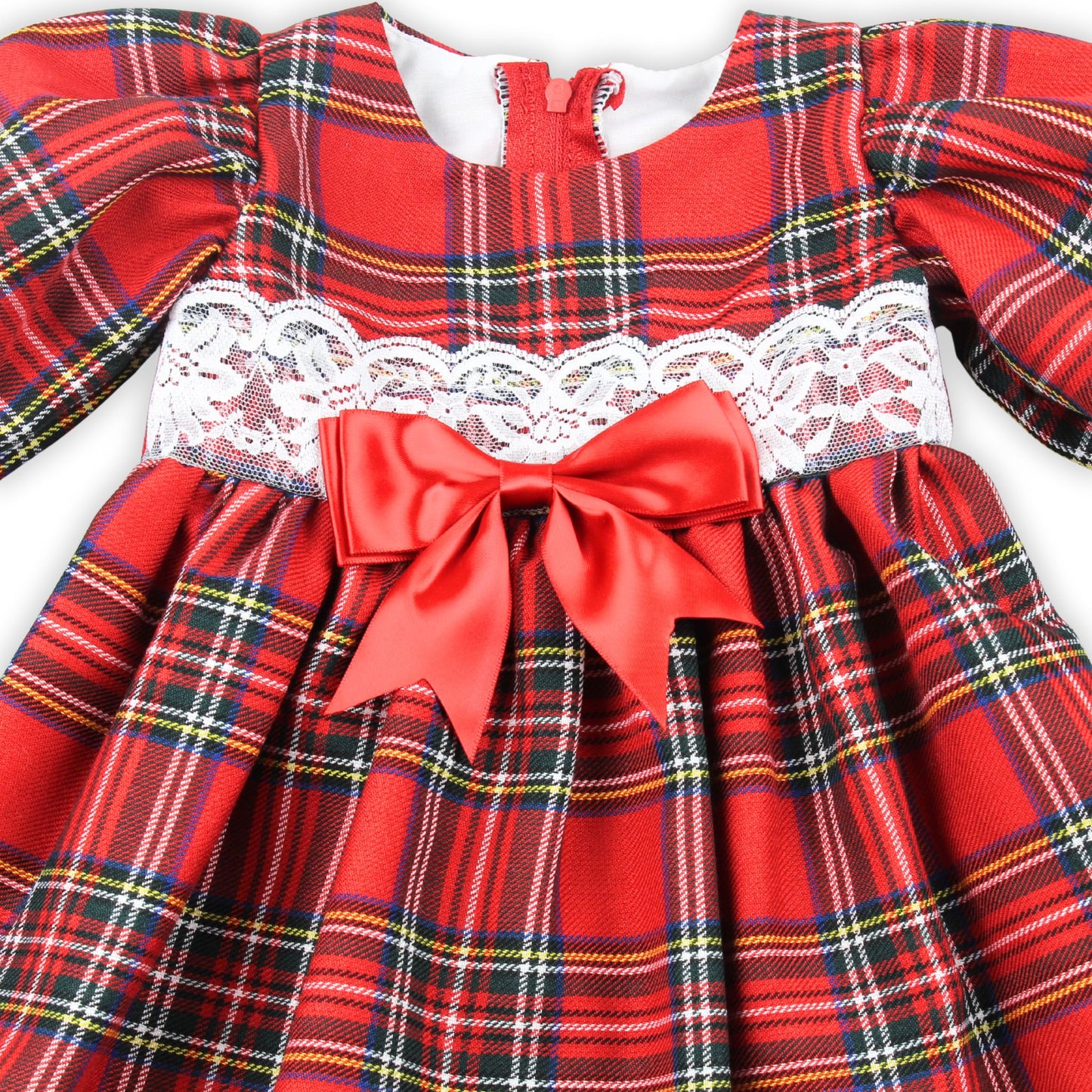 Red Tartan Baby Dress with Lace Trim and Satin Bow