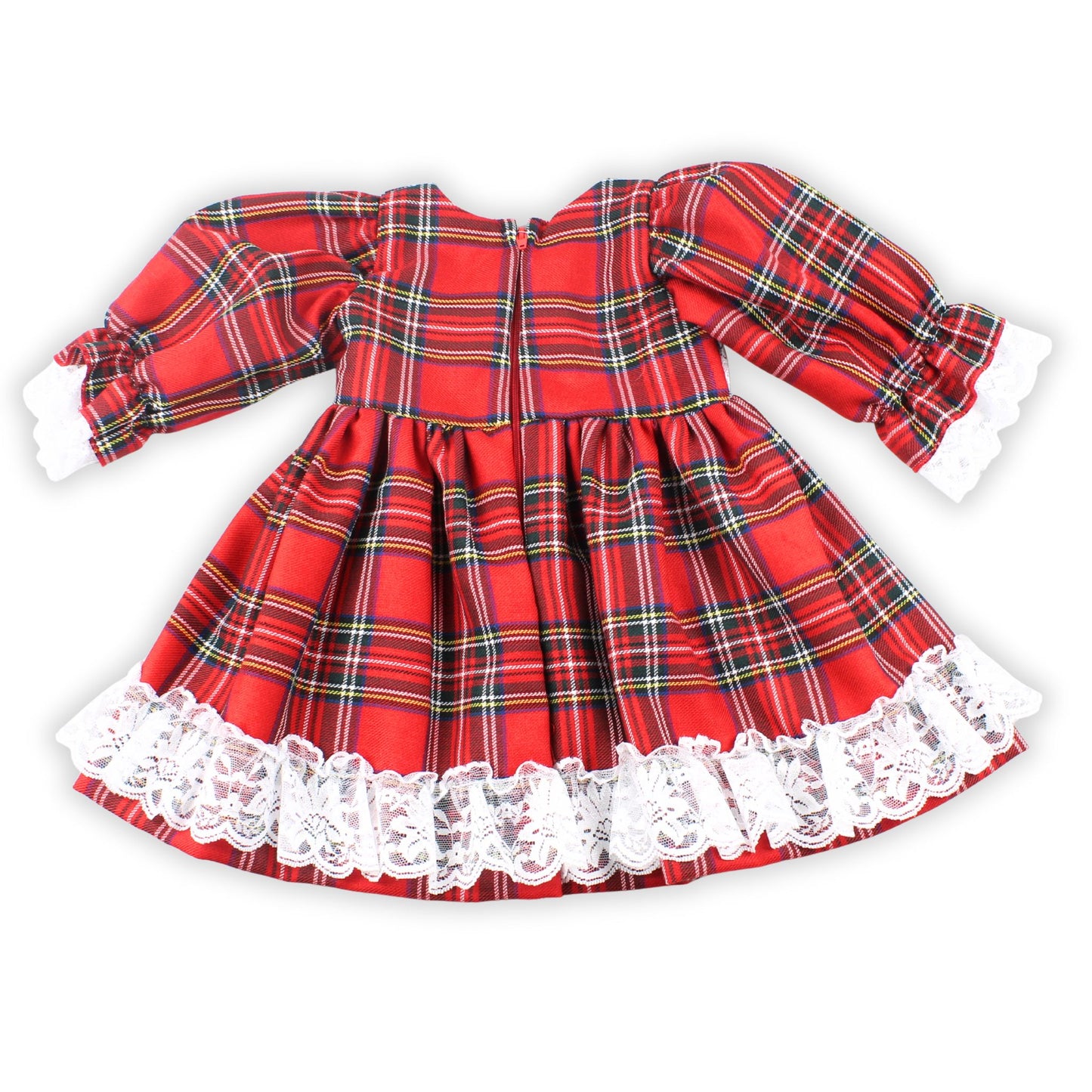 Red plaid dress with white lace trim on a white background