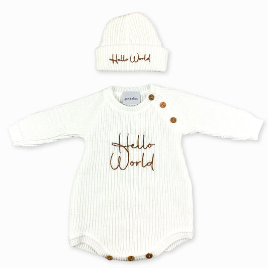 baby unisex white knitted two piece hat and romper hello world