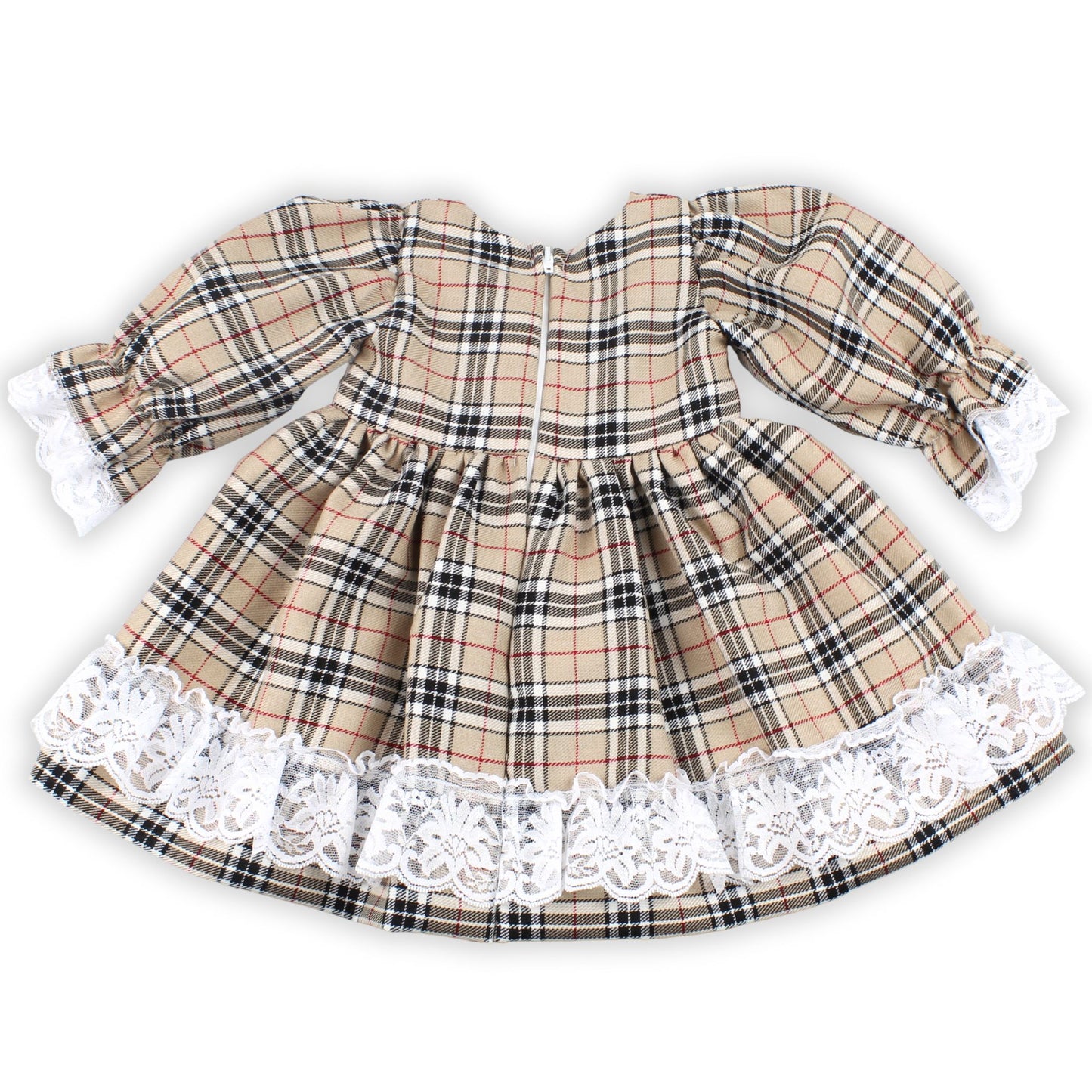 Plaid dress with lace trim on a white background