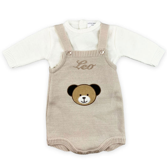 baby boys peresonalised bear dungaress and top outfit beige