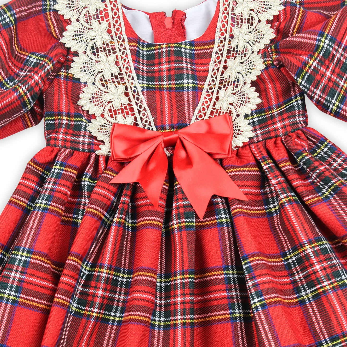 Red plaid dress with lace details and a large bow on a white background
