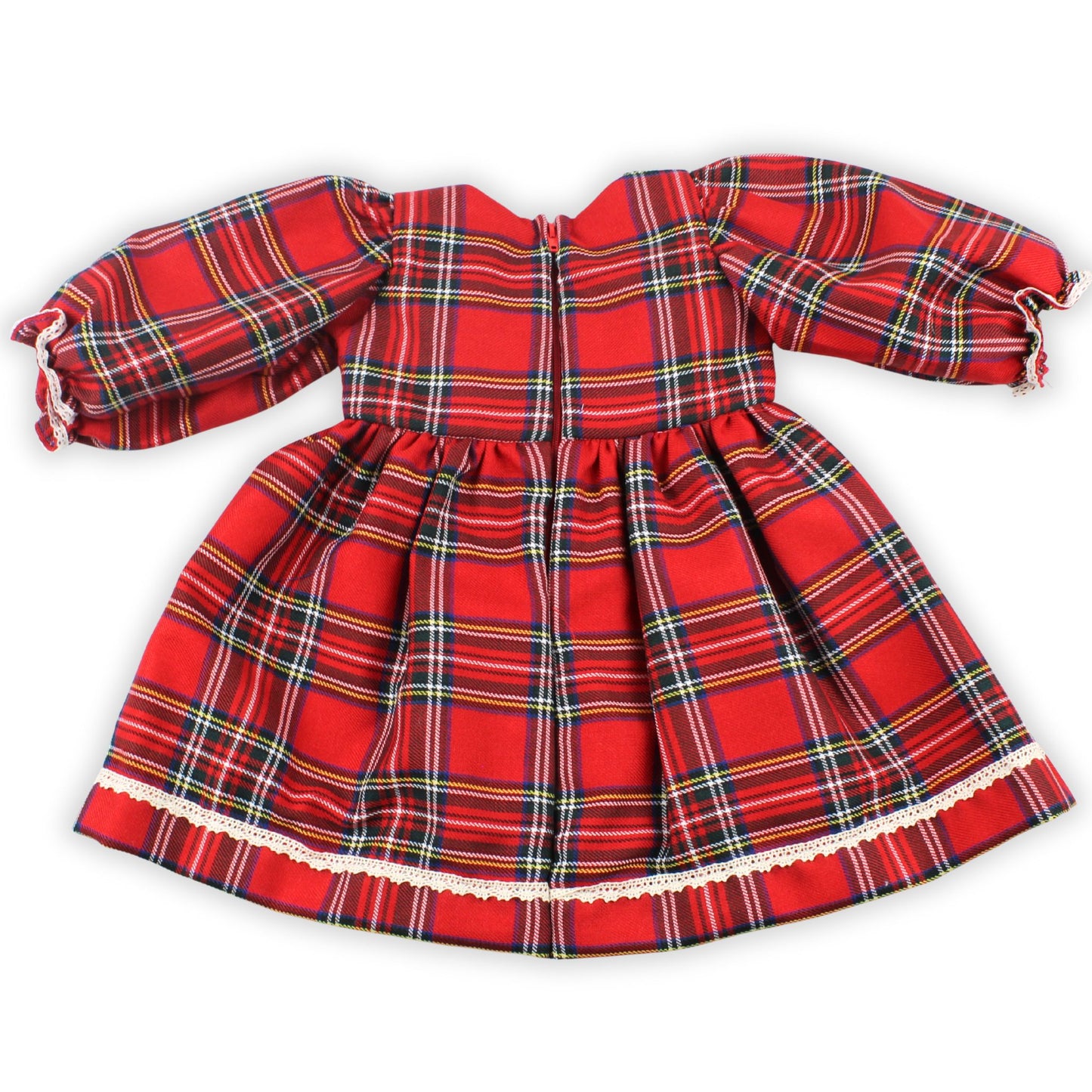 Red plaid dress with lace trim on a white background