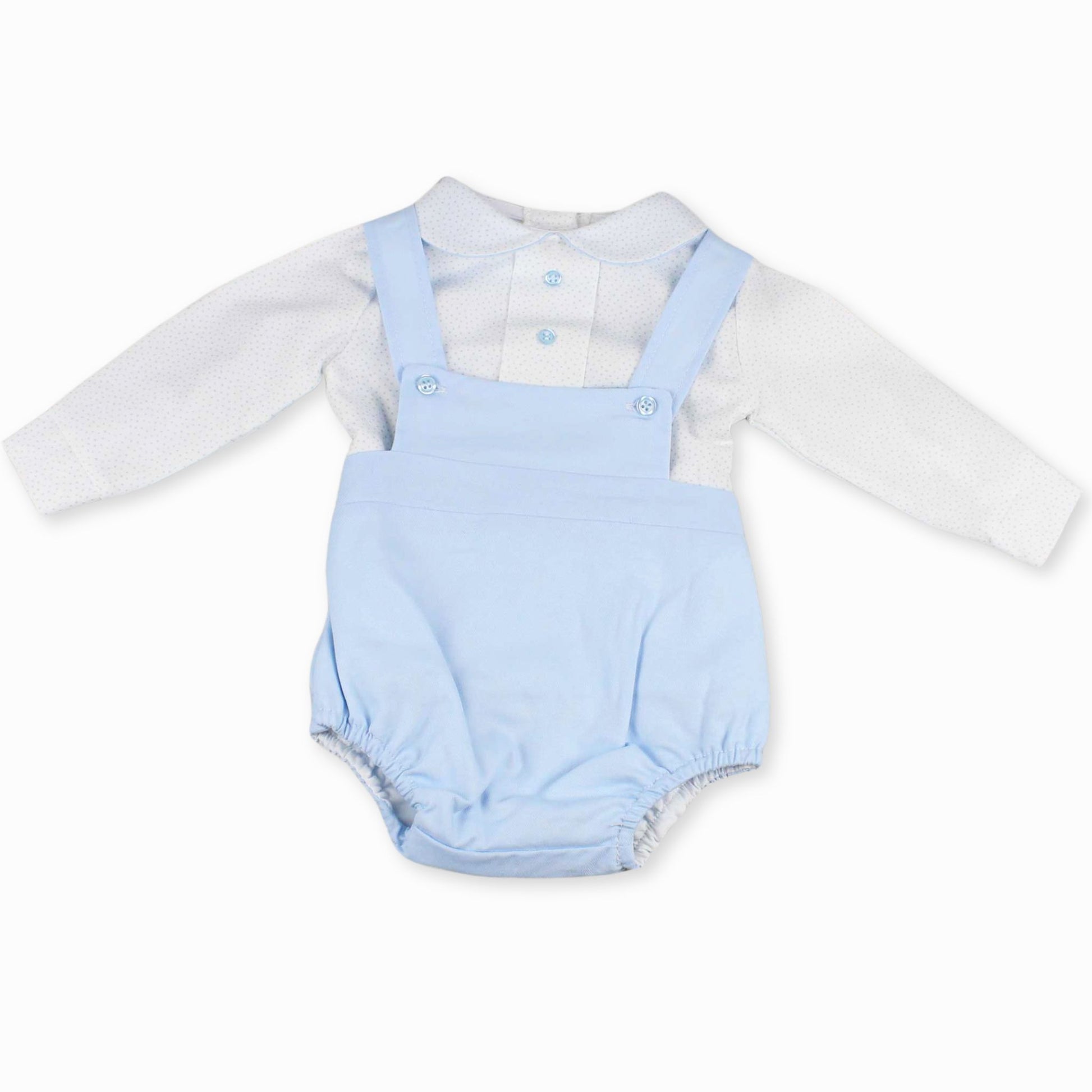 baby boys two piece blue outfit shirt and romper with braces