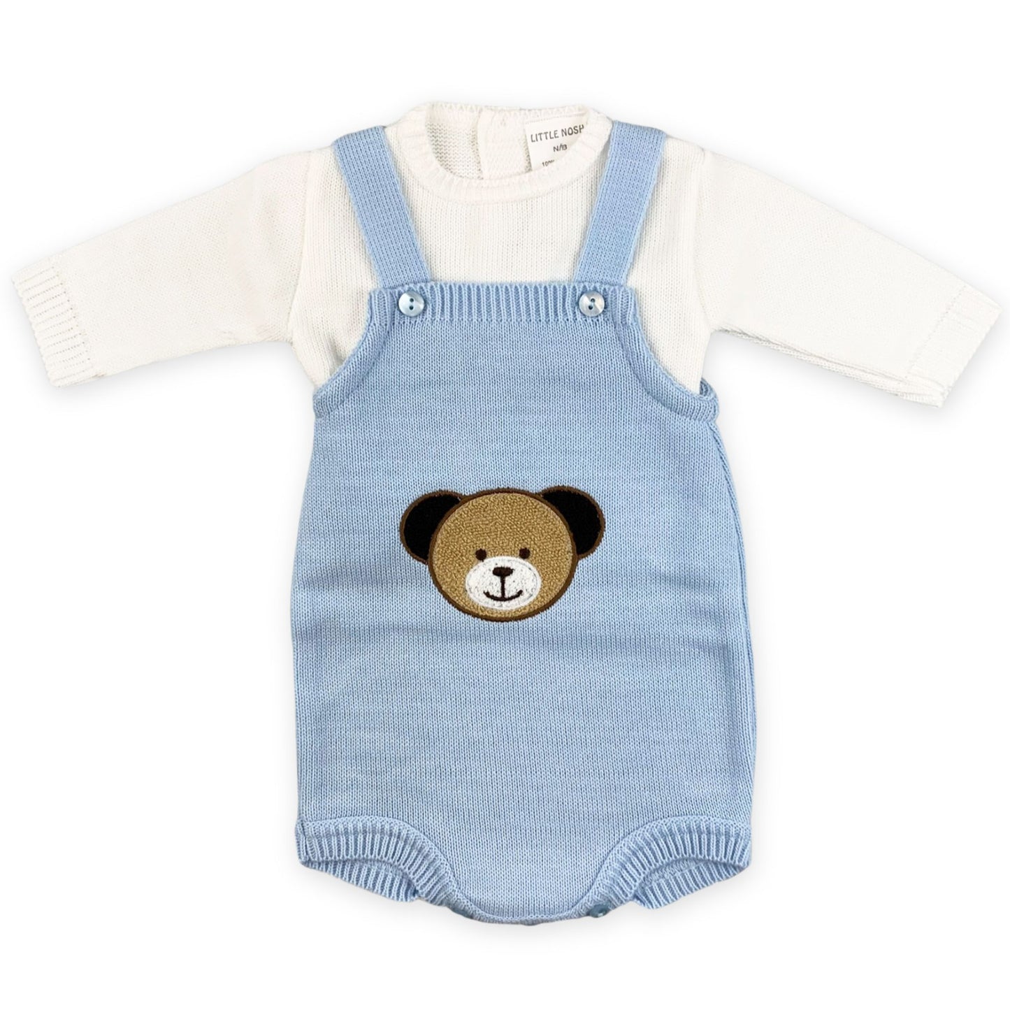 baby boys two piece blue and white bear dunagrees