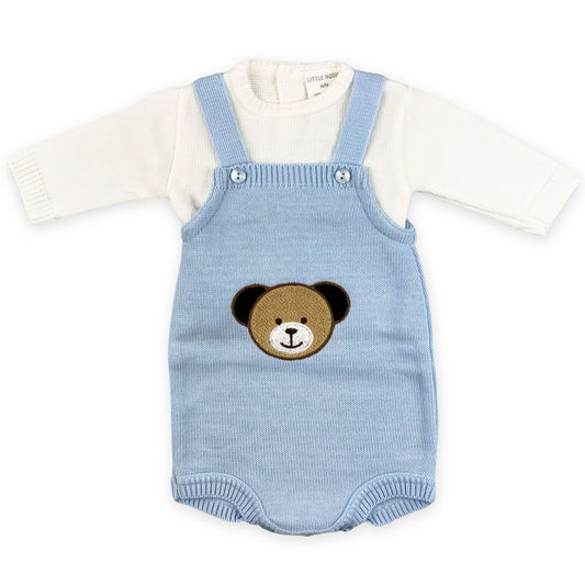 baby boys two piece blue and white bear dunagrees