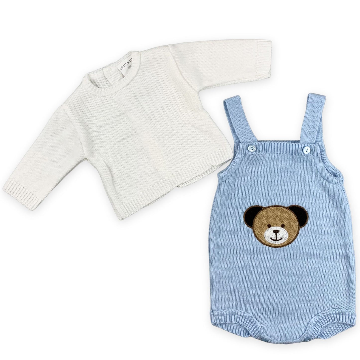 baby boys two piece blue and white bear dunagrees