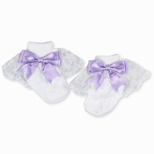 baby girls white ankle socks with lilac satin bow