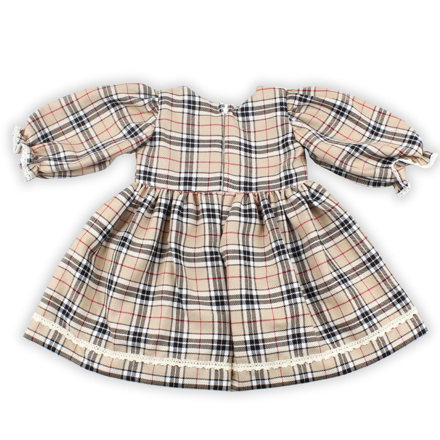 Plaid dress with ruffled sleeves on a white background