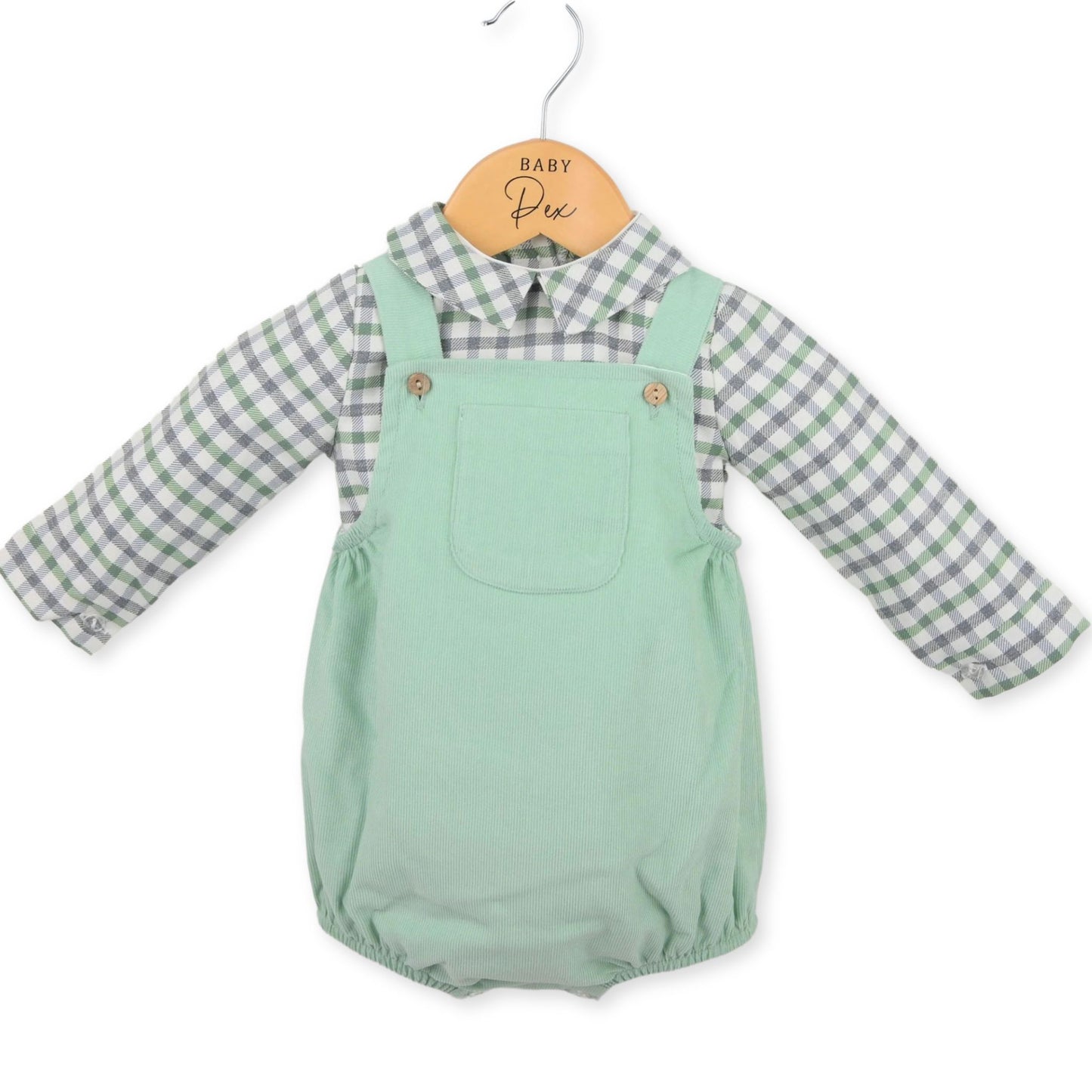 baby boys green romper and checked shirt by baby brand pex