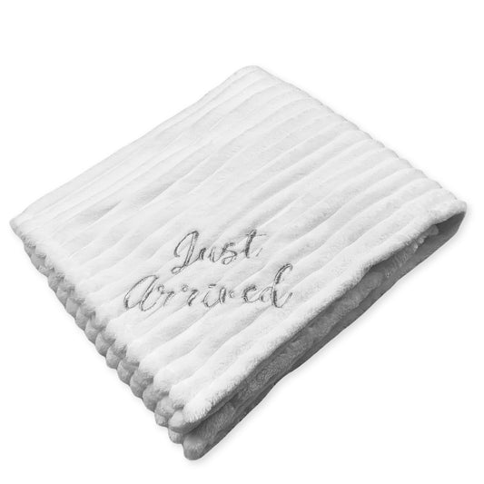 baby banket white with just arrived embroidery