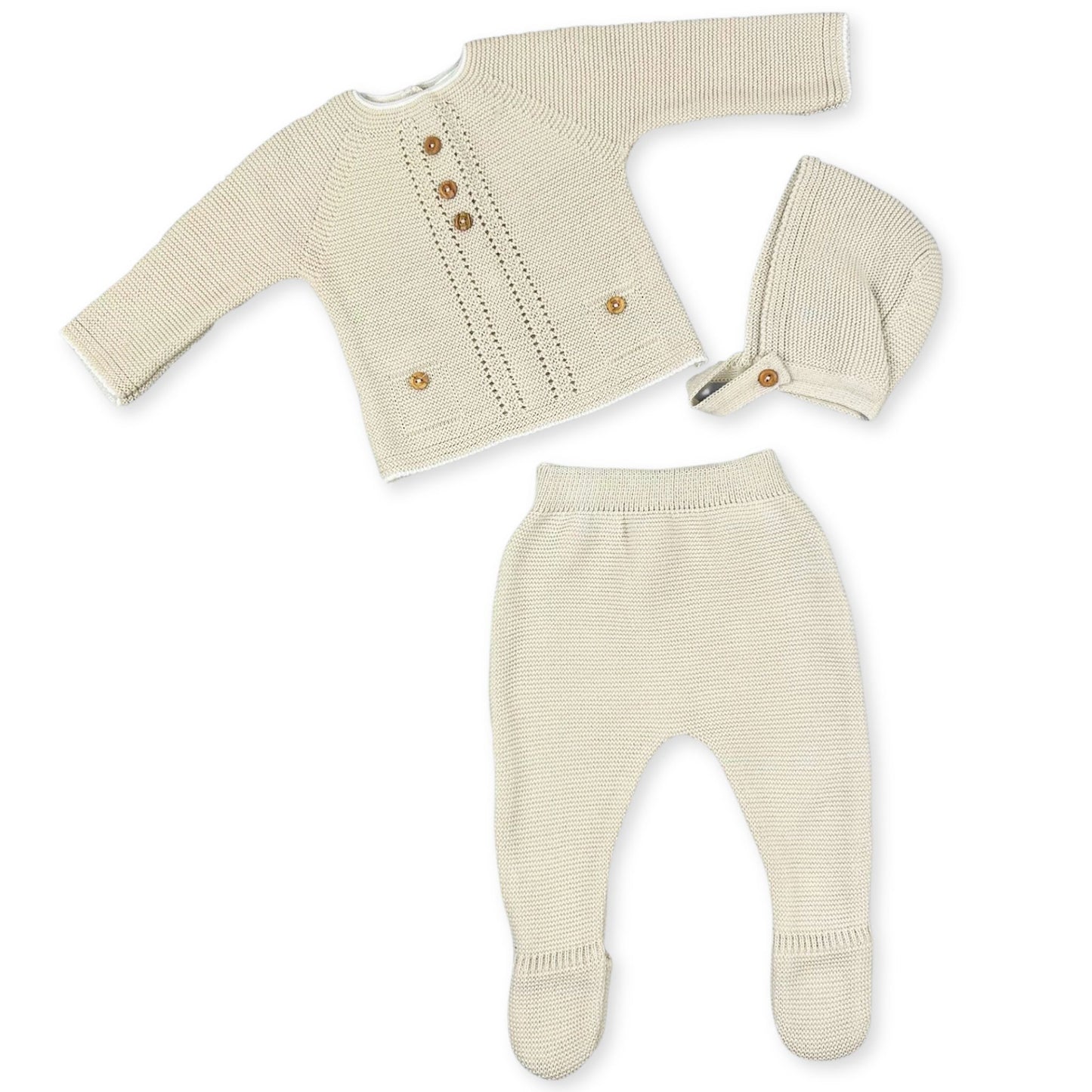 BEIGE KNITTED THREE PIECE OUTFIT PEX BABY BOYS