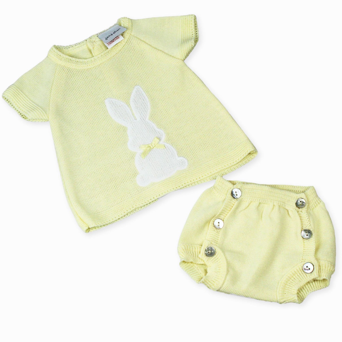 yellow knitted 2 piece outfit with white bunny