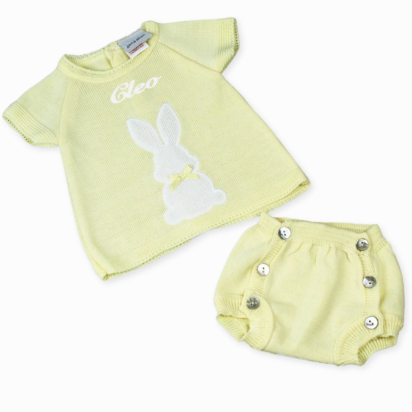personalised easter baby girls lemon knitted two piece summer outfit