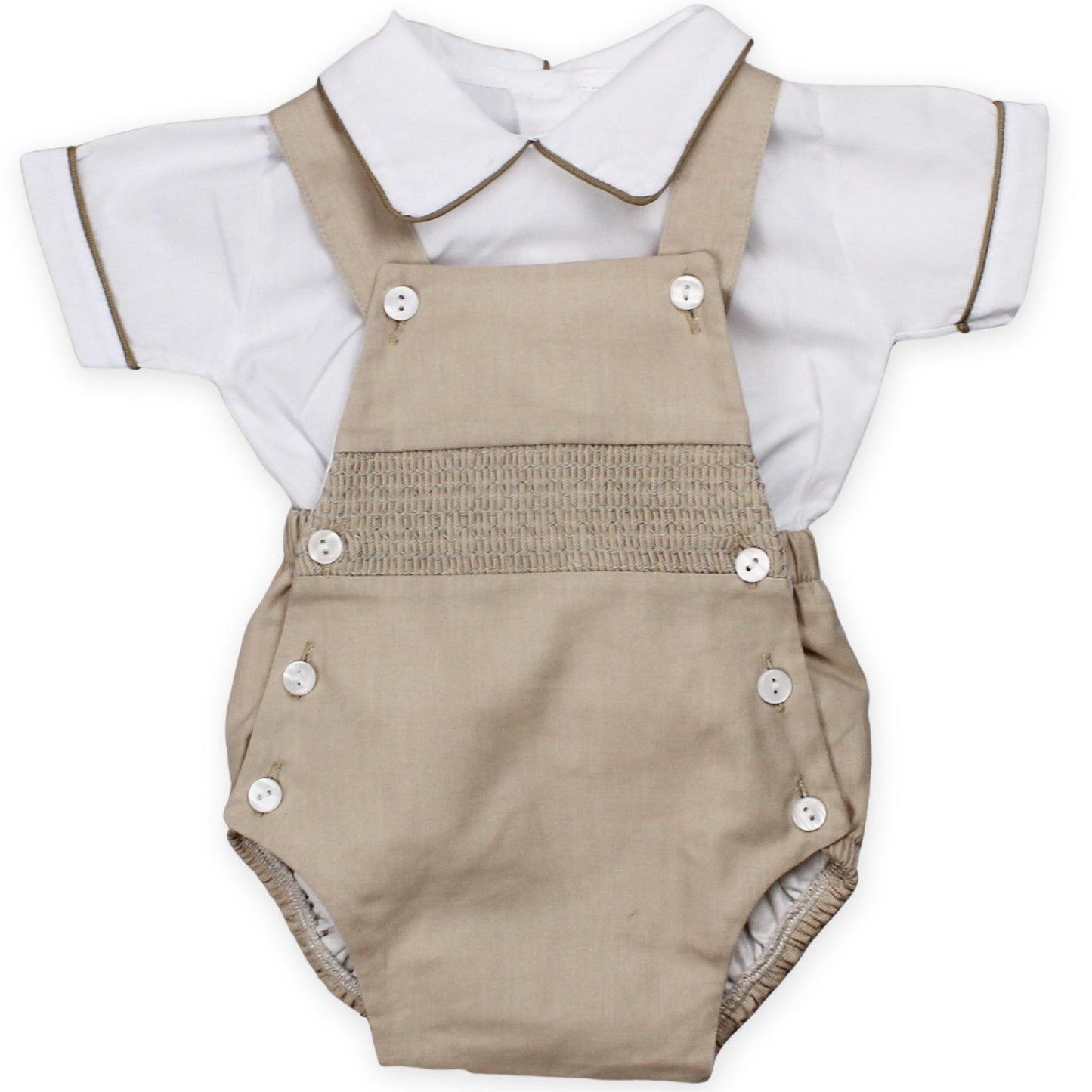 baby boys two piece beige and white outfit