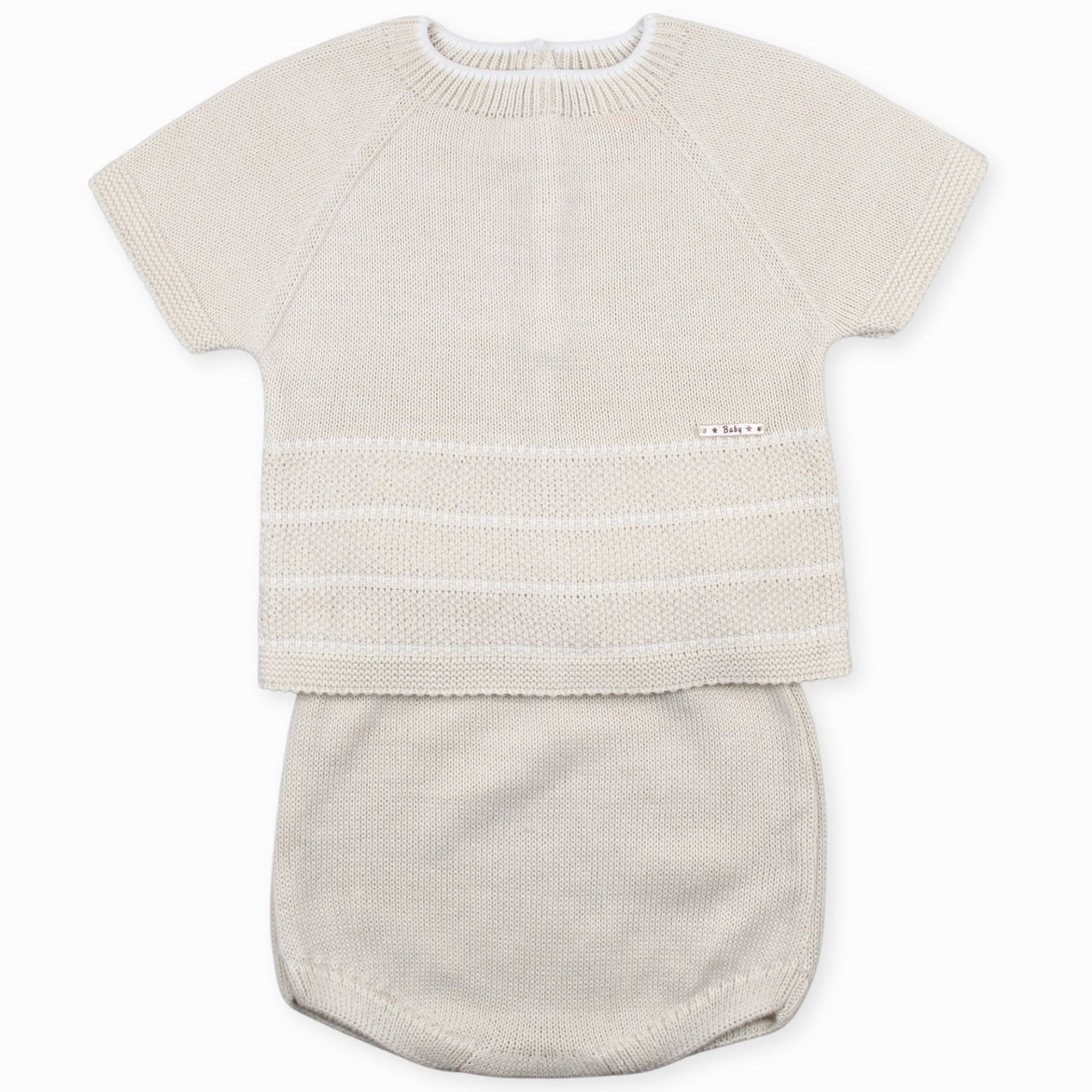 beige velour knitted two piece striped outfit