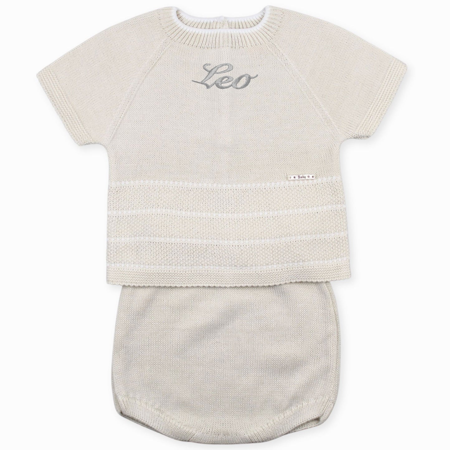 baby boys beige summer knit personalised two piece outfit embroidery