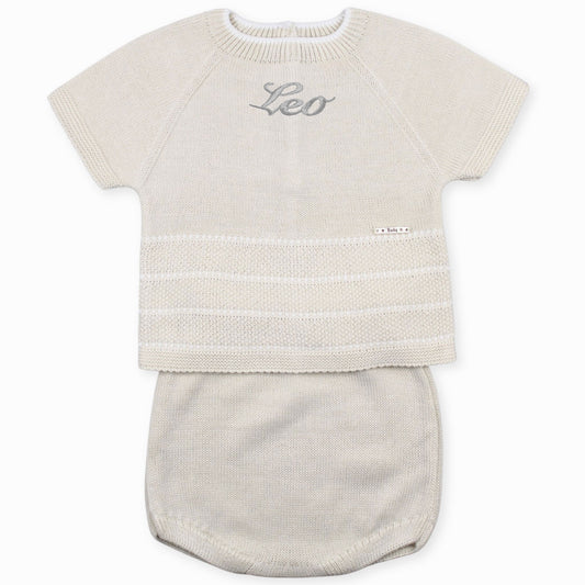 baby boys beige summer knit personalised two piece outfit embroidery