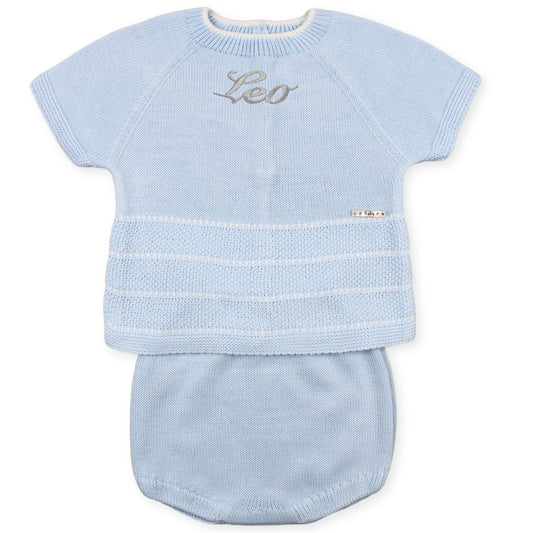 baby boys personalised knitted blue two piece outfit
