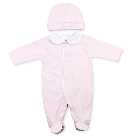 baby girls cotton sleepsuit pink with angel wings and hat.