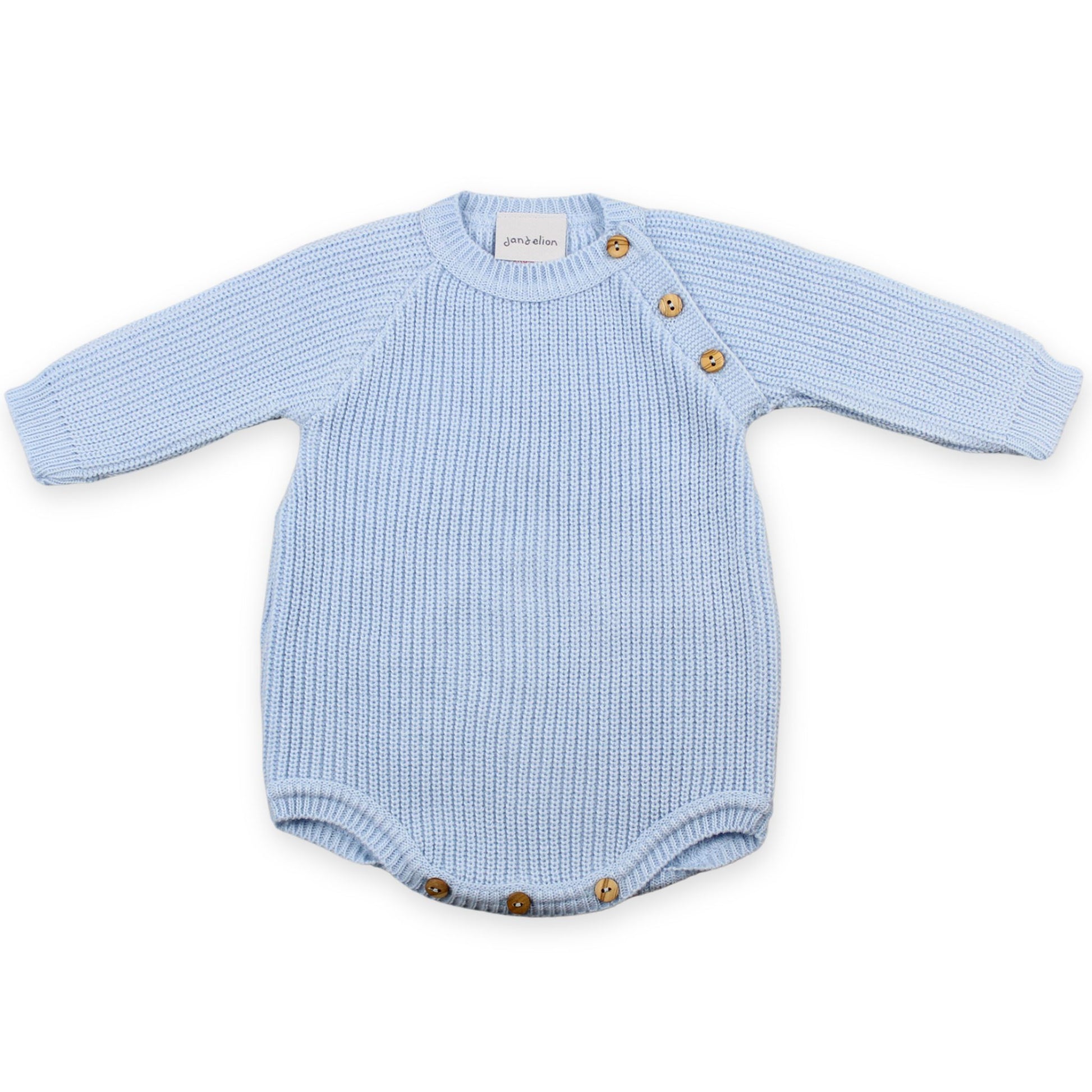 baby boys knitted romper from dandelion blue wooden buttons