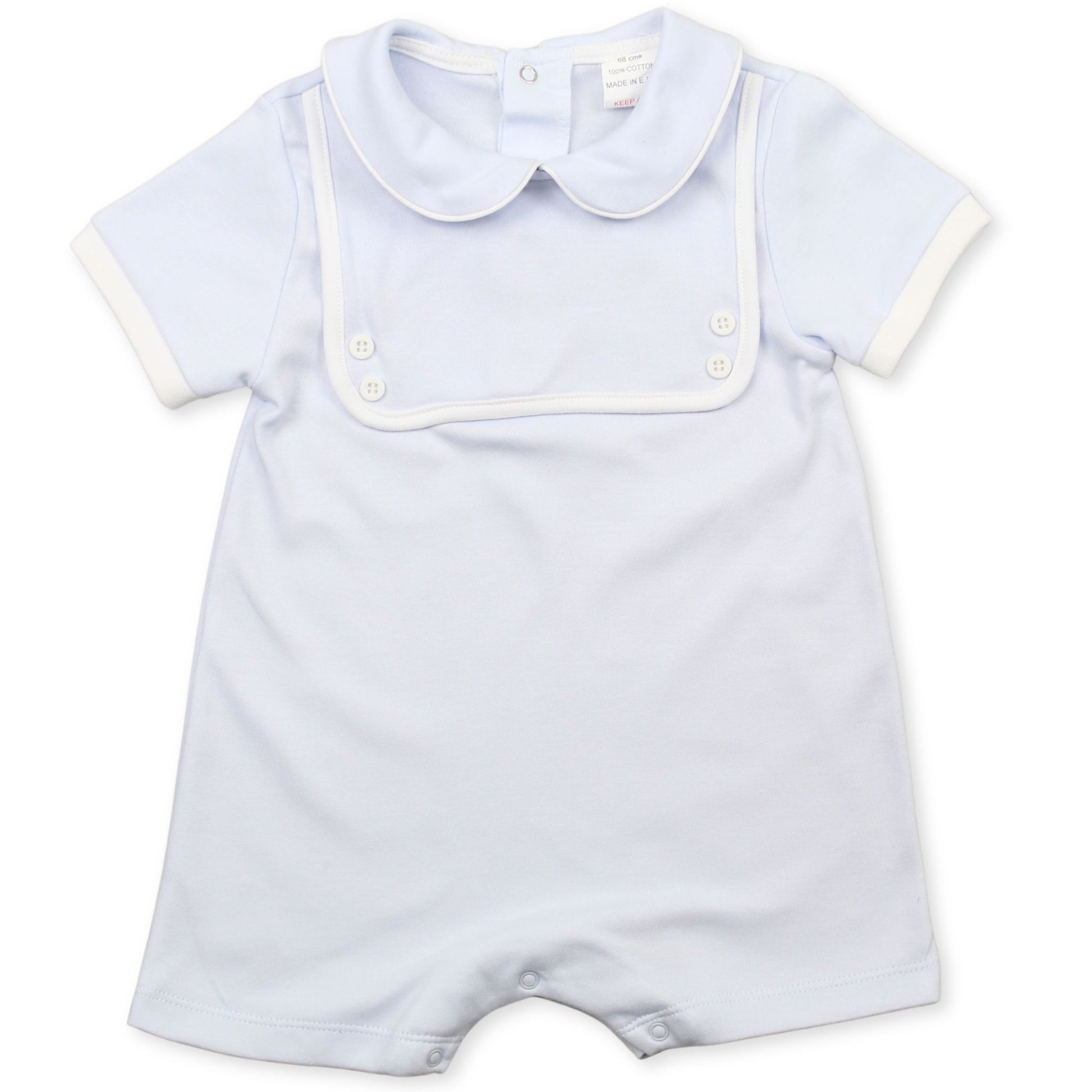 baby boys blue romper mock bib
