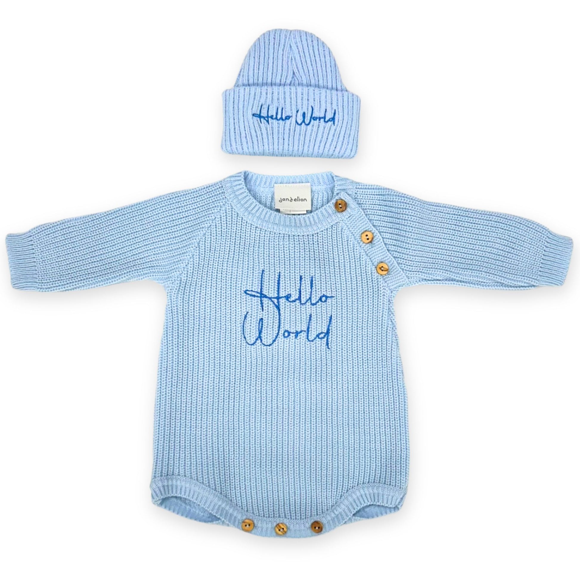 boys knitted two piece hat and romper hello world