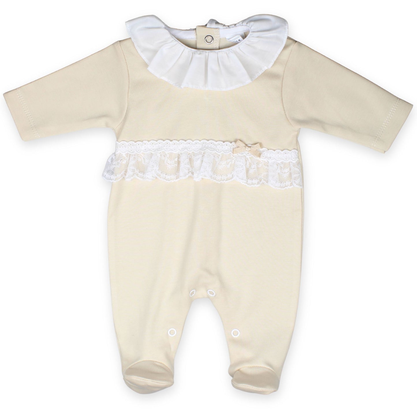 Baby Girls beige cotton sleep suit with lace and bow