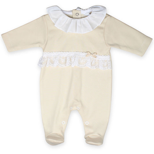 Baby Girls beige cotton sleep suit with lace and bow