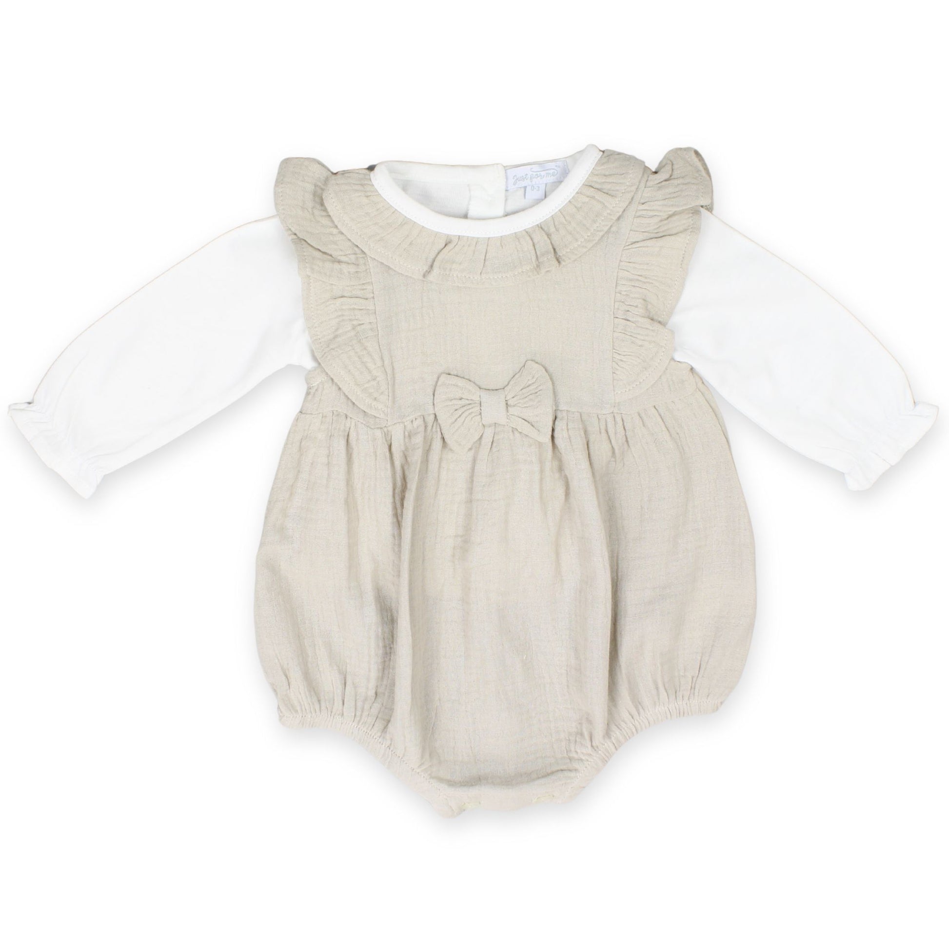 baby girl romper, beige baby outfit, muslin romper baby, baby girl clothes, baby outfit with bow, baby girl ruffle romper, baby girl long sleeve romper